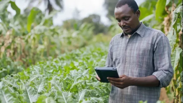 Consultant Agritechnologic Africa utilisant une tablette dans un champ pour le consulting CAMYIRD