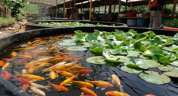 Bassin d'aquaponie avec poissons et plantes flottantes, ferme Agritechnologic Africa
